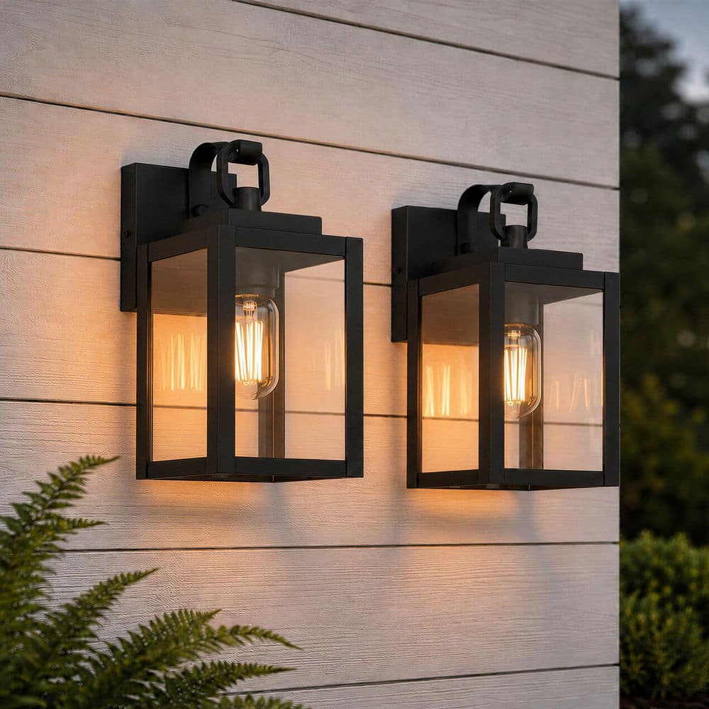 2-Pack 10.5 in. Clear Glass Rectangular Outdoor Wall Lantern, Dusk to Dawn Sensor, E26, Black