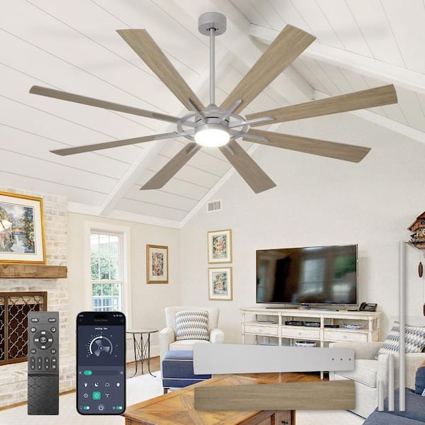 66 in. Sliver Brushed Wood 8 Blade Downrod Mount Large Ceiling Fans with Light Included Remote APP Control Dimmable LED