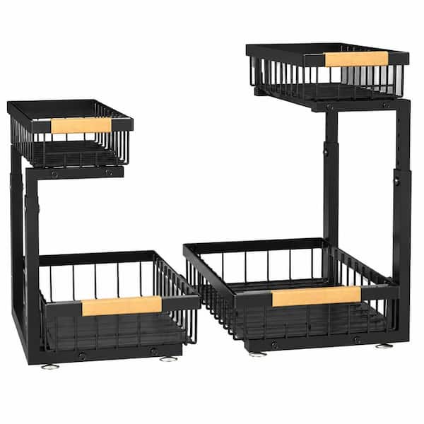 Black Carbon Steel 2-Tier Pull-Out Under Sink Organizer Rack with Sliding Drawer, Adjustable Heights, 2 Pack