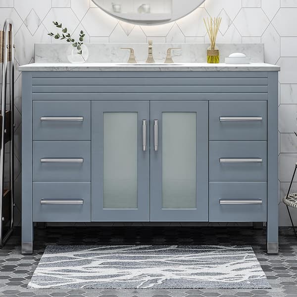 EPOWP 49 in. W x 22 in. D x 40 in. H Single Sink Freestanding Bath Vanity in Grey with White Marble Top and Storage Cabinet