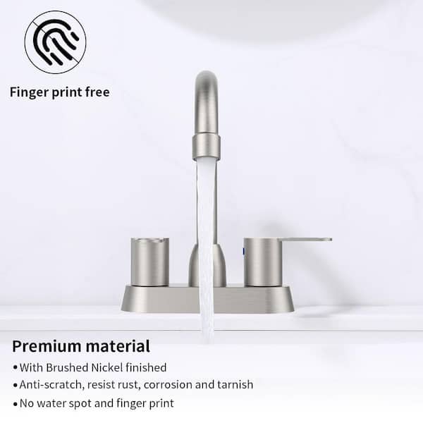 4 in. Centerset Double Handle High Arc Bathroom Sink Faucet with Drain Kit in Brushed Nickel
