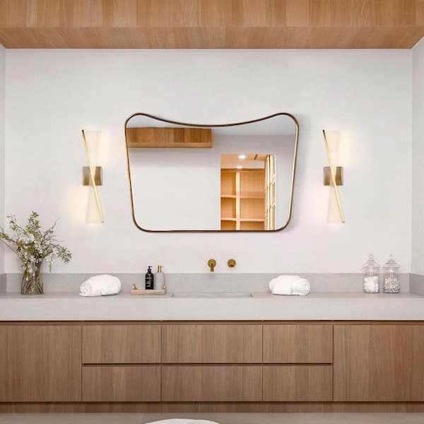 23.6 in. H 2-Light Mid-century Modern Gold LED Vanity Mirror Wall Sconce with Sculptural Triangle Textured Acrylic Shade