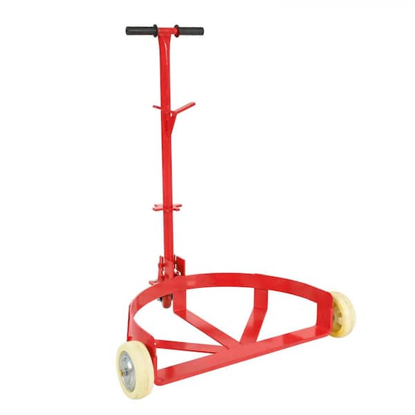 Low Profile 55 Gal. Steel Drum Dolly Hand Truck-1200 lb. Capacity, 2-Fixed and 1 Swivel PU Wheels, Red