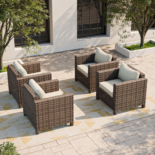 All-Weather Outdoor Wicker Lounge Chair with Wide Armrest and Beige Cushions (4-Piece)