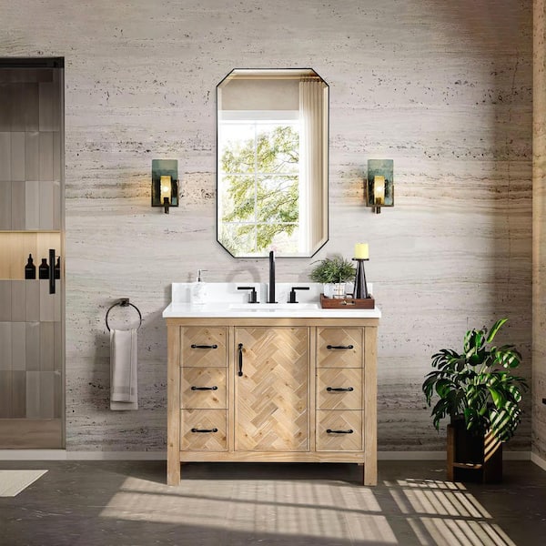 Javier 42 in. W x 22 in. D x 33.9 in. H Single Sink Bath Vanity in Brown with White Grain Composite Stone Top and Mirror