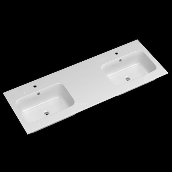 Getpro 60 in. W x 22 in. D Solid Surface Rectangular Double Sink Vanity Top in White with Pre-Drilled Faucet Hole for Bathroom