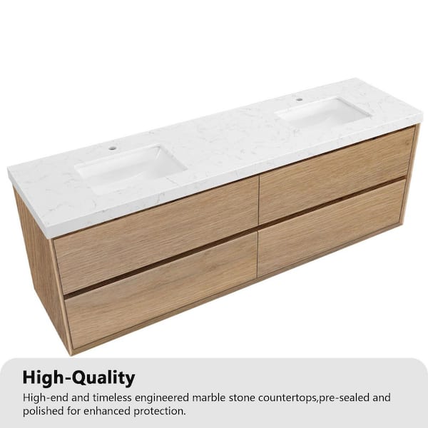 Solenne 72 in. Double Sink Floating Bath Vanity in Natural Oak with White Carrara Engineered Stone Top