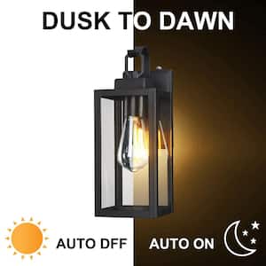 1-Light Hardwired Matte Black Outdoor Clear Glass Dusk to Dawn Wall Lantern Sconce