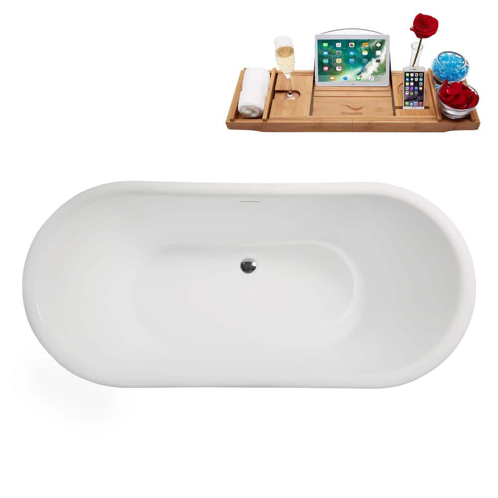 67" Glossy White Acrylic Freestanding Soaking Bathtub with Bamboo Tray