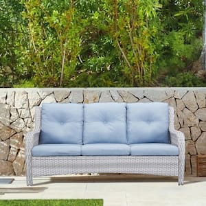 Carolina Light Gray Wicker Outdoor Couch with Baby Blue Cushions