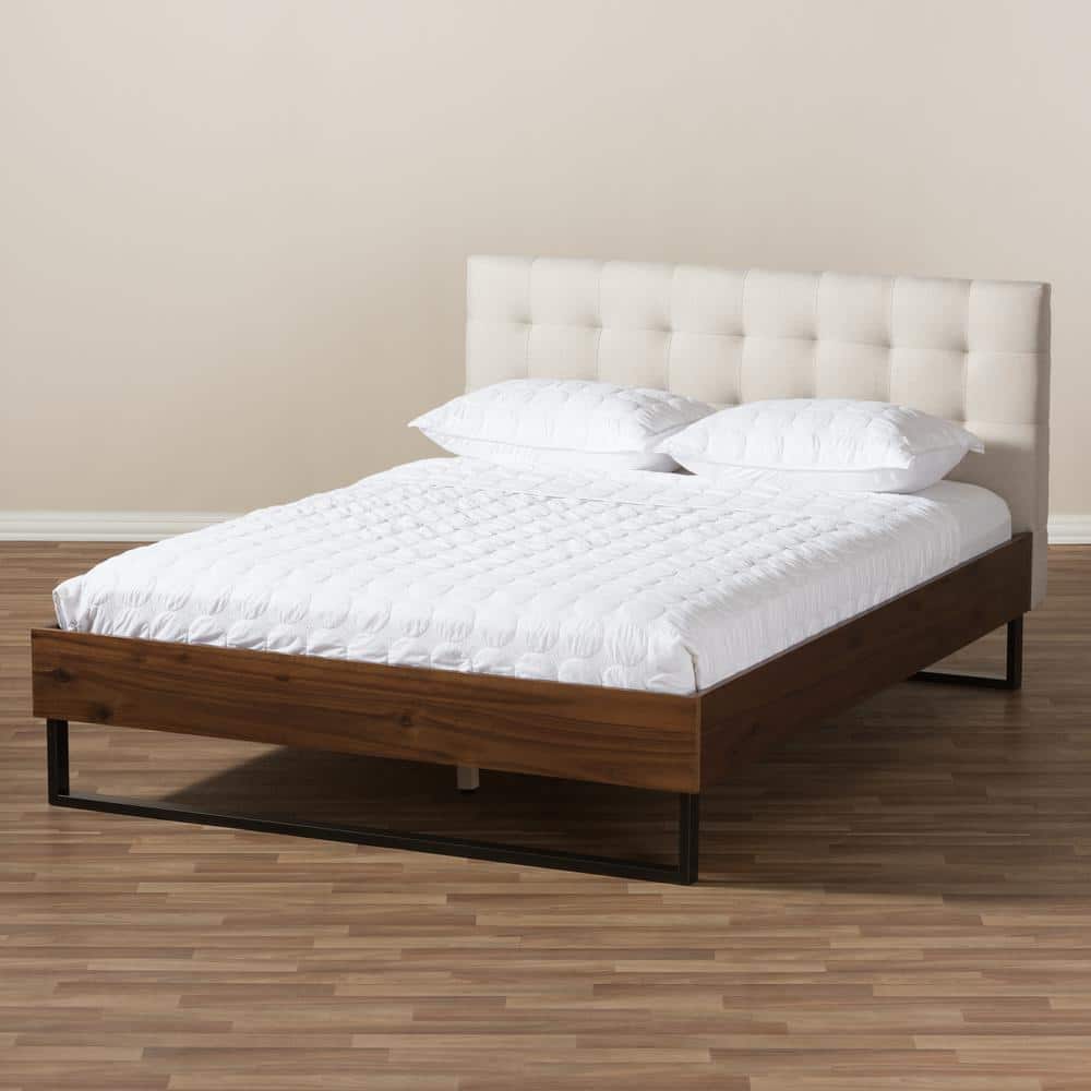 King-Sized Walnut and Beige Faux Leather Tufted Platform Bed