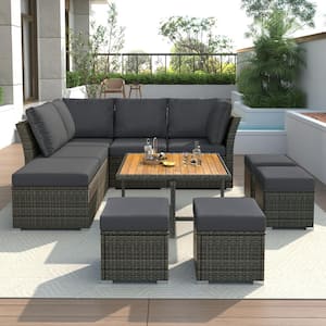 10-Piece Rattan Wicker Patio Conversation Set with Grey Cushions, Solid Wood Coffee Table