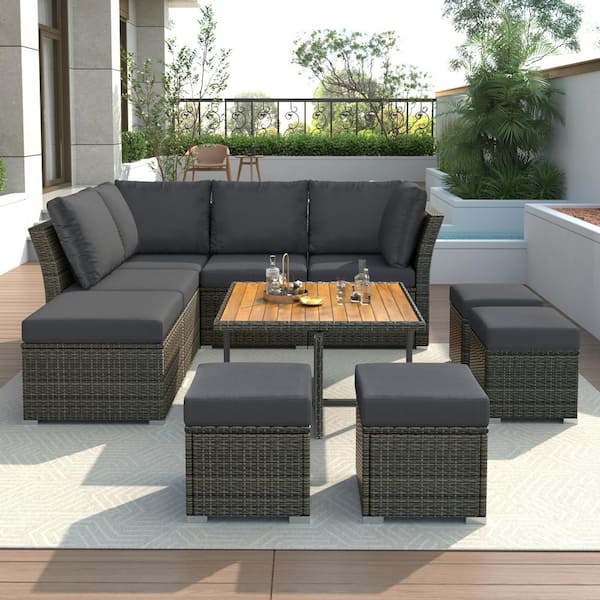 Unbranded 10-Piece Rattan Wicker Patio Conversation Set with Grey Cushions, Solid Wood Coffee Table