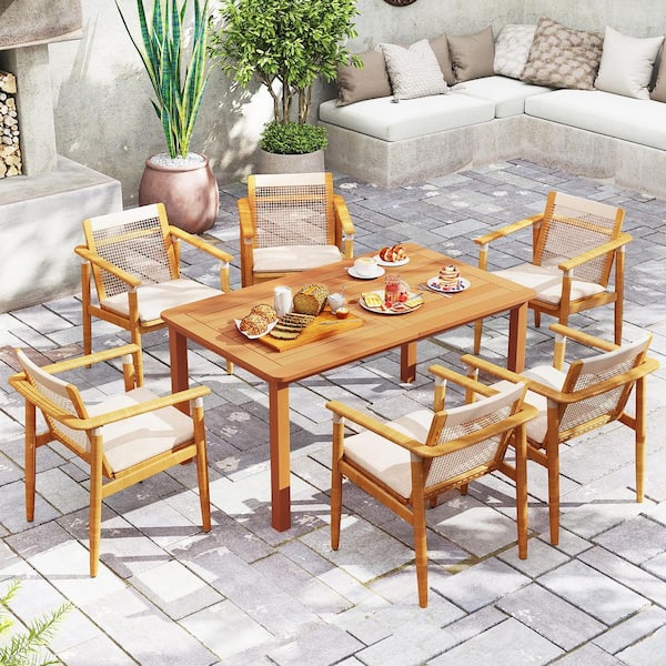 Gymax Patio Solid Wood Dining Table w/ Umbrella Hole Teak Oil