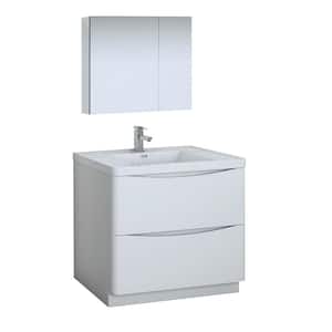 Tuscany 36 in. Modern Bathroom Vanity in Glossy White with Vanity Top in White with White Basin, Medicine Cabinet