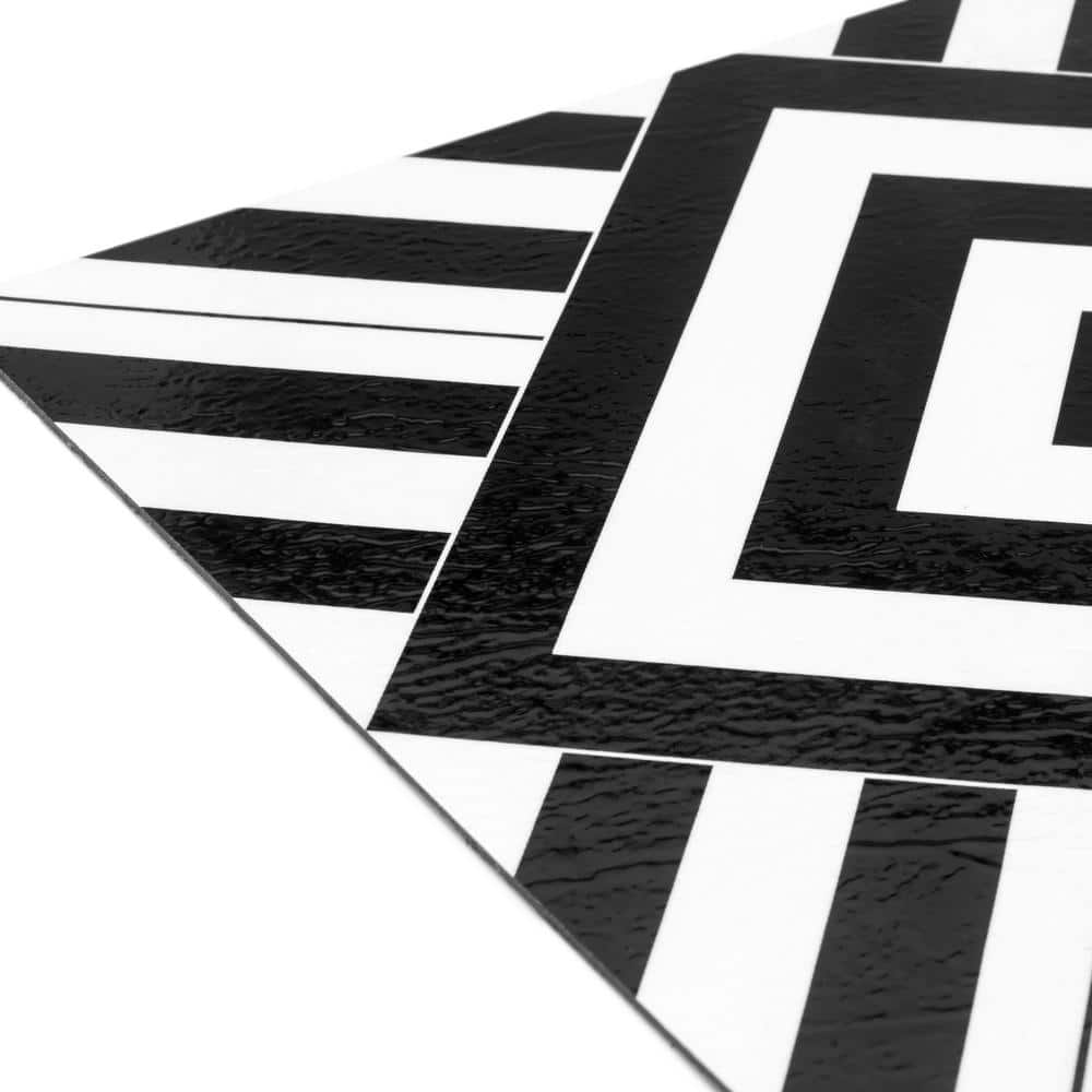 Geometric Black and White Self-Adhesive Vinyl Floor Tiles, 12" x 12", 20 Tiles