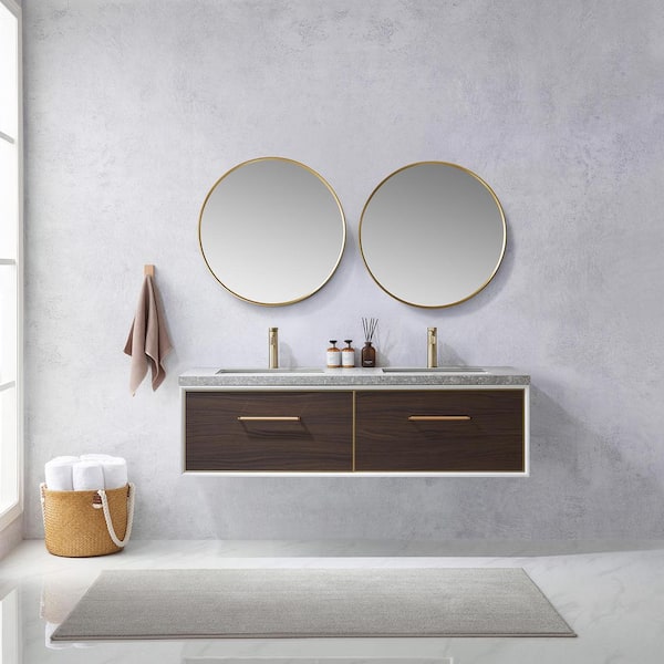 Capa 60 in. W x 22 in. D x 17.3 in. H Double Sink Bath Vanity in Dark Walnut with Grey Sintered Stone Top