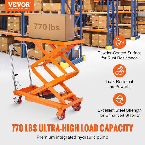 Hydraulic Scissor Cart 770 lbs. Manual Double Hydraulic Lift Table Cart 59 in. Lifting Height for Material Handling