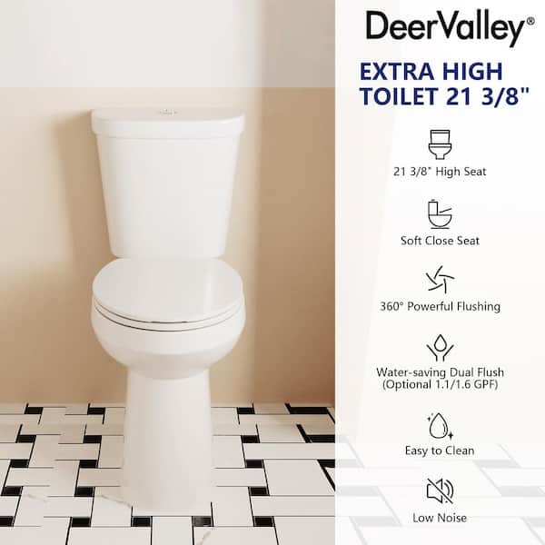 21 in. Extra Tall 2-Piece 1.1/1.6 GPF Dual Flush Elongated Raised Toilet in White 12 in. Rough In, Seat Included