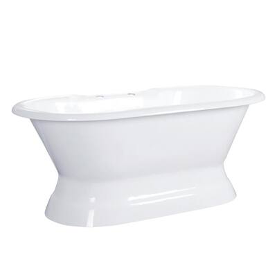 66 in. Cast Iron Double Slipper Pedestal Flatbottom Bathtub with 7 in. Deck Holes in White