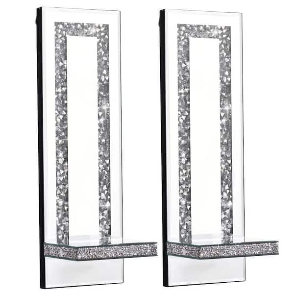 Silver Crystal Crush Diamond Wall Sconces, Luxurious Beveled Mirror with Clear Shelf Wall Decor (Set of 2)
