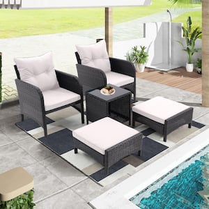 5-Piece Wicker Patio Conversation Set, All Weather with Armrest and Removable Beige Cushions, Ottomans and Coffee Table