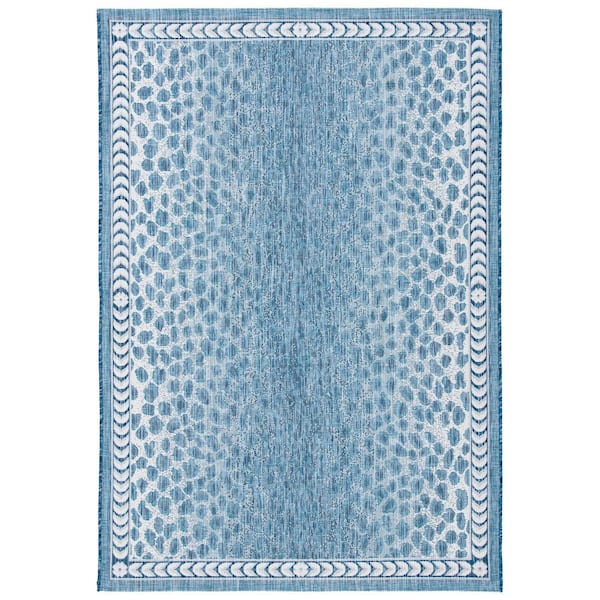 Courtyard Blue/Ivory 9 ft. x 12 ft. Arrow Border Cheetah Indoor/Outdoor Patio  Area Rug