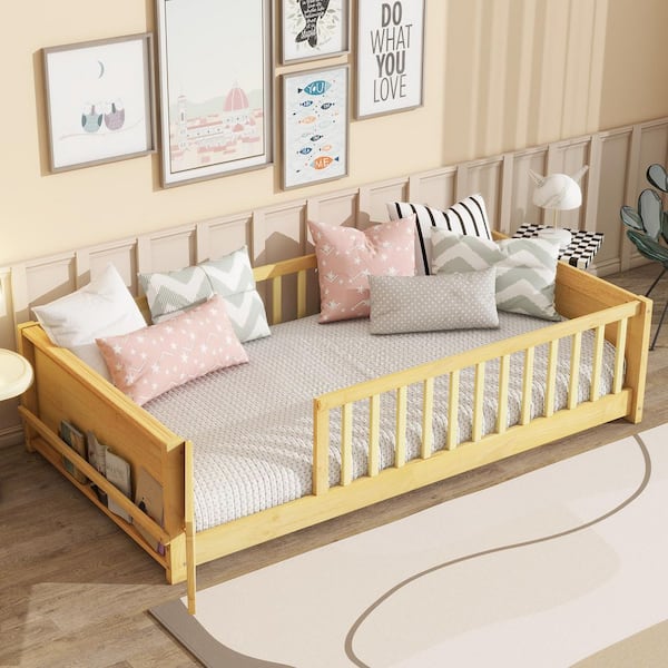 Harper & Bright Designs Natural Wood Frame Twin Size Floor Platform Bed with Book Storage Rack, Door and Guardrails