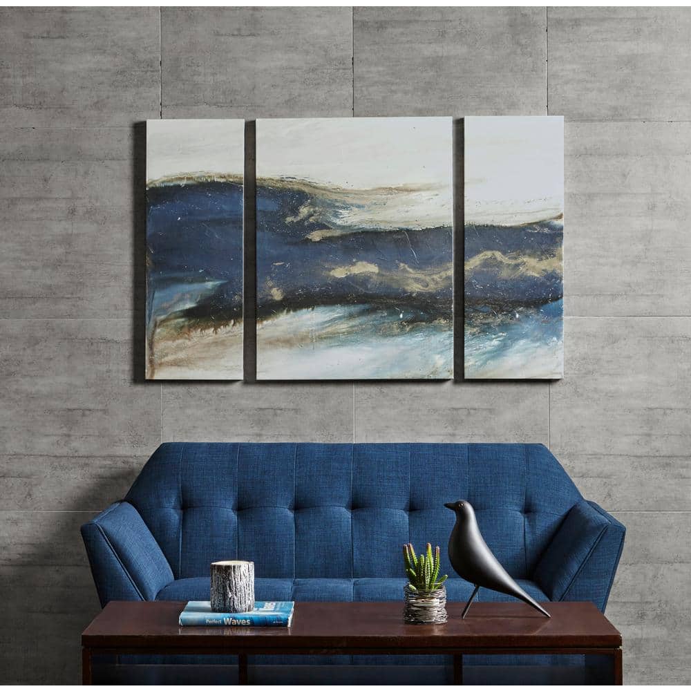 Rolling Waves Blue and White Abstract Canvas Triptych Set
