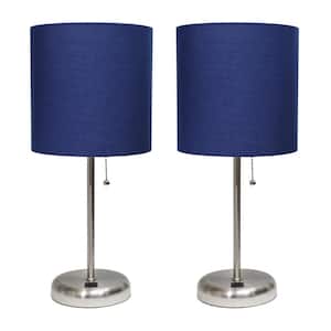 19.5 in. Navy Stick Lamp with USB charging port and Fabric Shade Set (2-Pack)