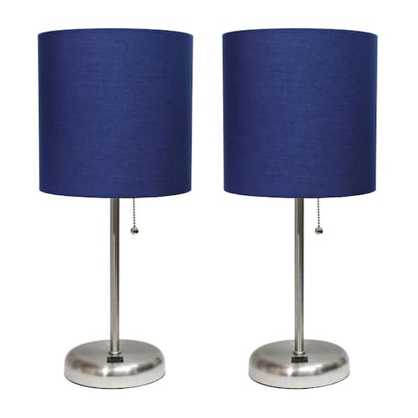 Simple Designs 19.5 in. Navy Stick Lamp with USB charging port and Fabric Shade Set (2-Pack)