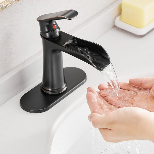 Single Handle Single Hole Bathroom Faucet with Deckplate&Drain Included, Waterfall Bathroom Faucet in Oil Rubbed Bronze