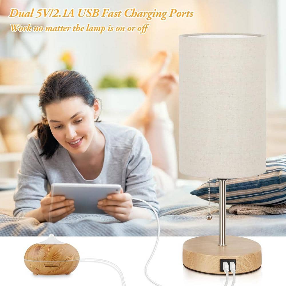 Set of 2 Beige Linen Cylinder Bedside Lamps with USB Ports