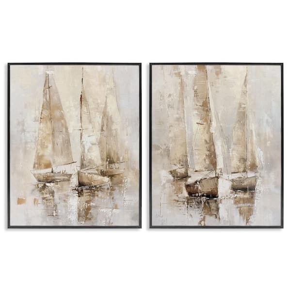 Stupell Industries Neutral Toned Sailboats by Nina Blue 2 Pieces Black Framed Coastal Giclee Art Print 30 in. x 24 in.