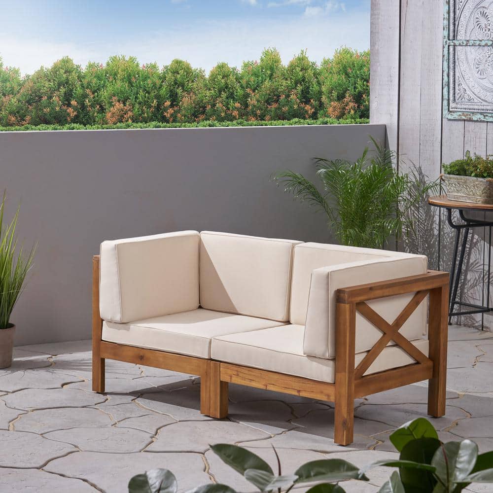 Teak Brown Two-Seater Wood Sectional with Beige Cushions