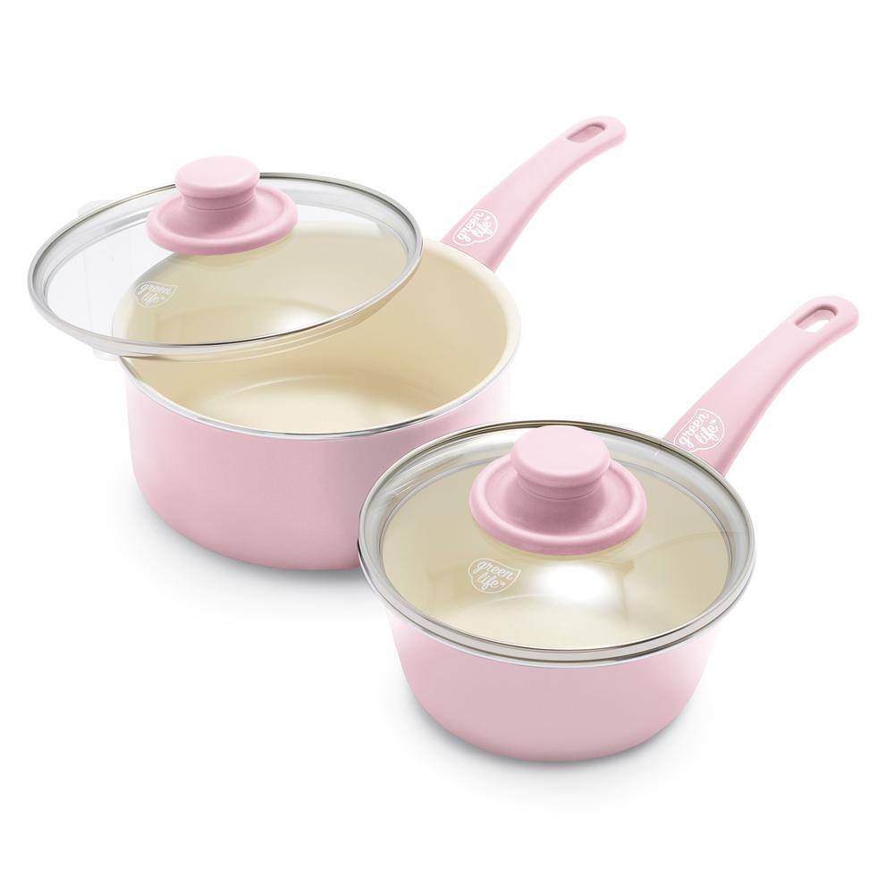 Soft Pink Aluminum Nonstick Saucepan Set with Glass Lids