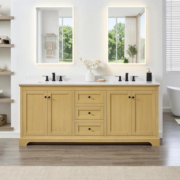 Avery 80 in. Double Freestanding Honey Oak with Matte Black Trim Bath Vanity with White Quartz Top