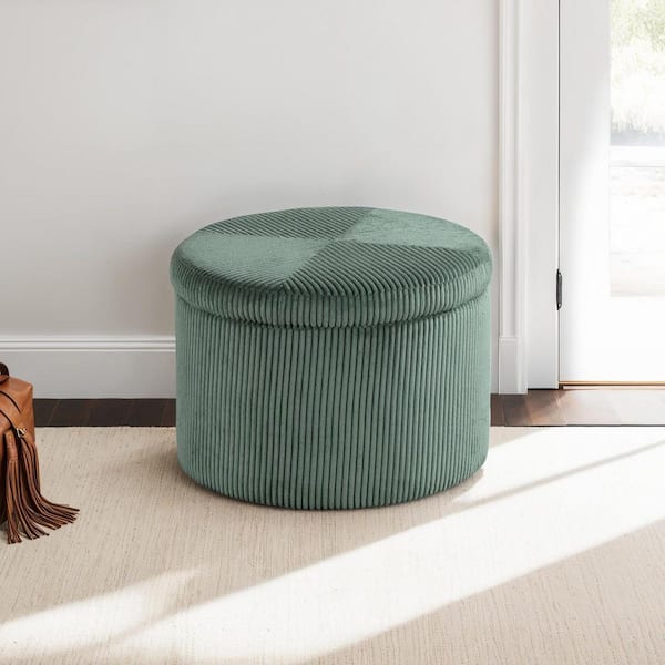 Convenience Concepts Designs 4 Comfort Dark Green Sage Polyester Corduroy Round Shoe Storage Ottoman with Reversible Tray Lid