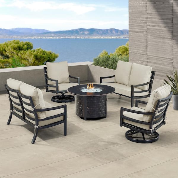 Oakland Living Black 7-Piece Aluminum Patio Fire Pit with 2-Deep Seating Loveseat and 2-Club Chairs Light Grey Cushions