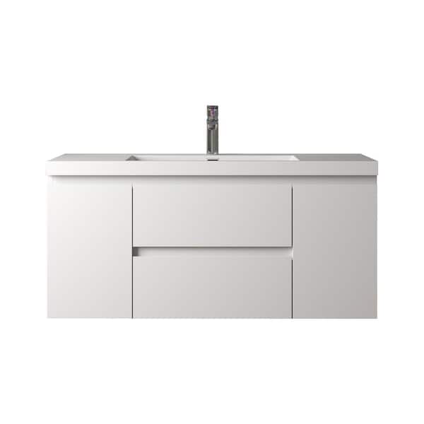 Angela 48 in. Single HG. White Bath Vanity Wall-Mounted Floating Vanities with Gloss White Resin Stone Top 2-Drawers