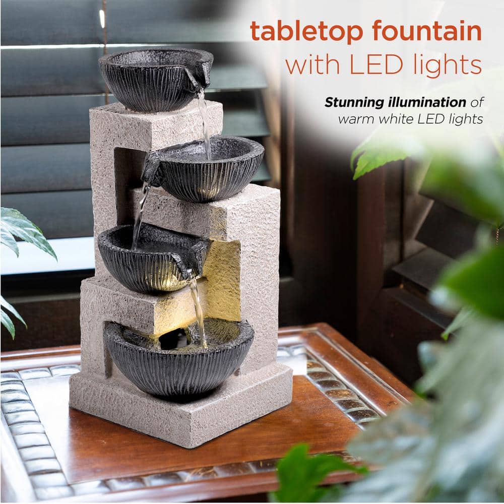 14" Gray Resin Cascading Bowl Tabletop Fountain with LED Lights