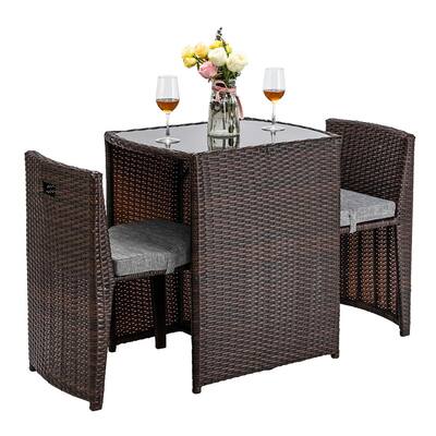 Black Frame 3-Piece Wicker Outdoor Dining Set with Gray Cushions