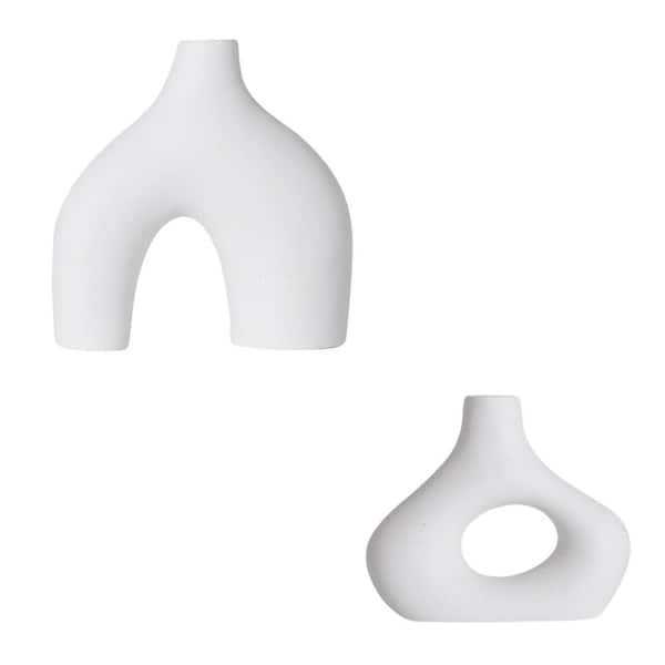 Afoxsos White Ceramic Vase Set of 2 for Modern Minimalist Bohemian Decor, Round Matte Donut Vases and Shelf Decor, White