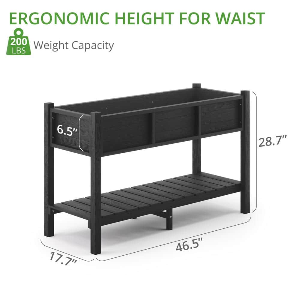 Black Elevated Poly Raised Garden Bed with Storage Shelf