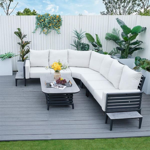 Right Dark Grey 5-Piece Aluminum Patio Conversation Set with Beige Cushions