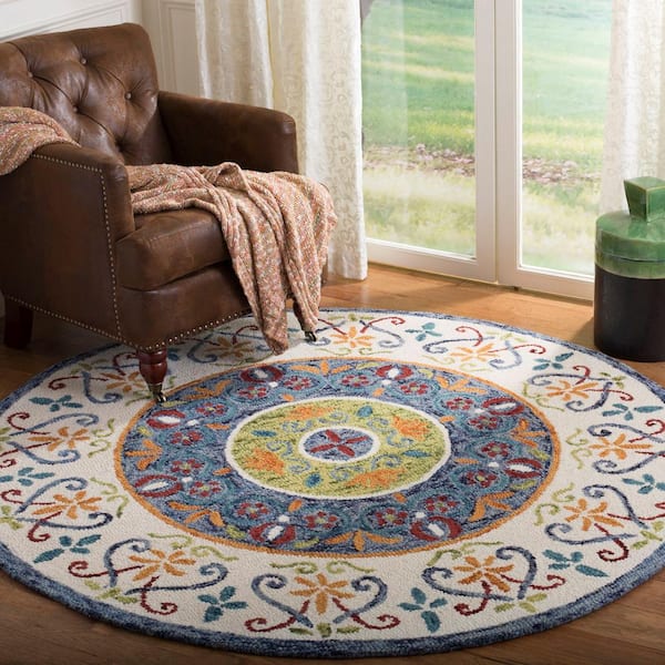 Novelty Blue/Ivory 5 ft. x 5 ft. Round Border Area Rug