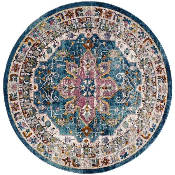 SAFAVIEH Aria Blue/Cream 6 ft. x 6 ft. Round Distressed Floral Border Area Rug