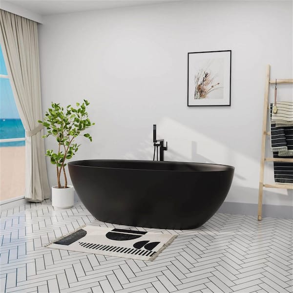 65 in. x 29.52 in. Solid Surface Freestanding Oval Soaking Bathtub with Reversible Drain in Matte Black