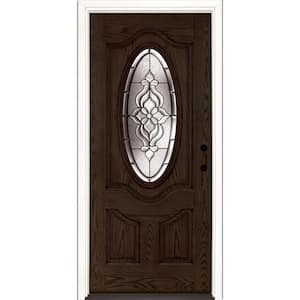37.5 in. x 81.625 in. Lakewood Patina 3/4 Oval Lite Stained Walnut Oak Left-Hand Inswing Fiberglass Prehung Front Door