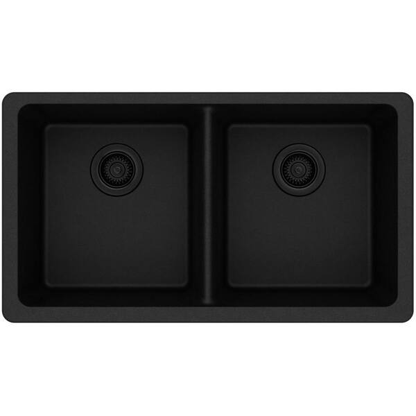 Elkay Quartz Classic Black Quartz 33 In Equal Double Bowl Undermount Kitchen Sink Elgu3322bk0 The Home Depot